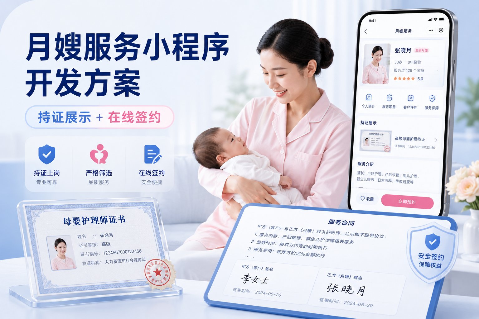 月嫂服务小程序开发:持证展示+在线签约,搭建靠谱预约平台