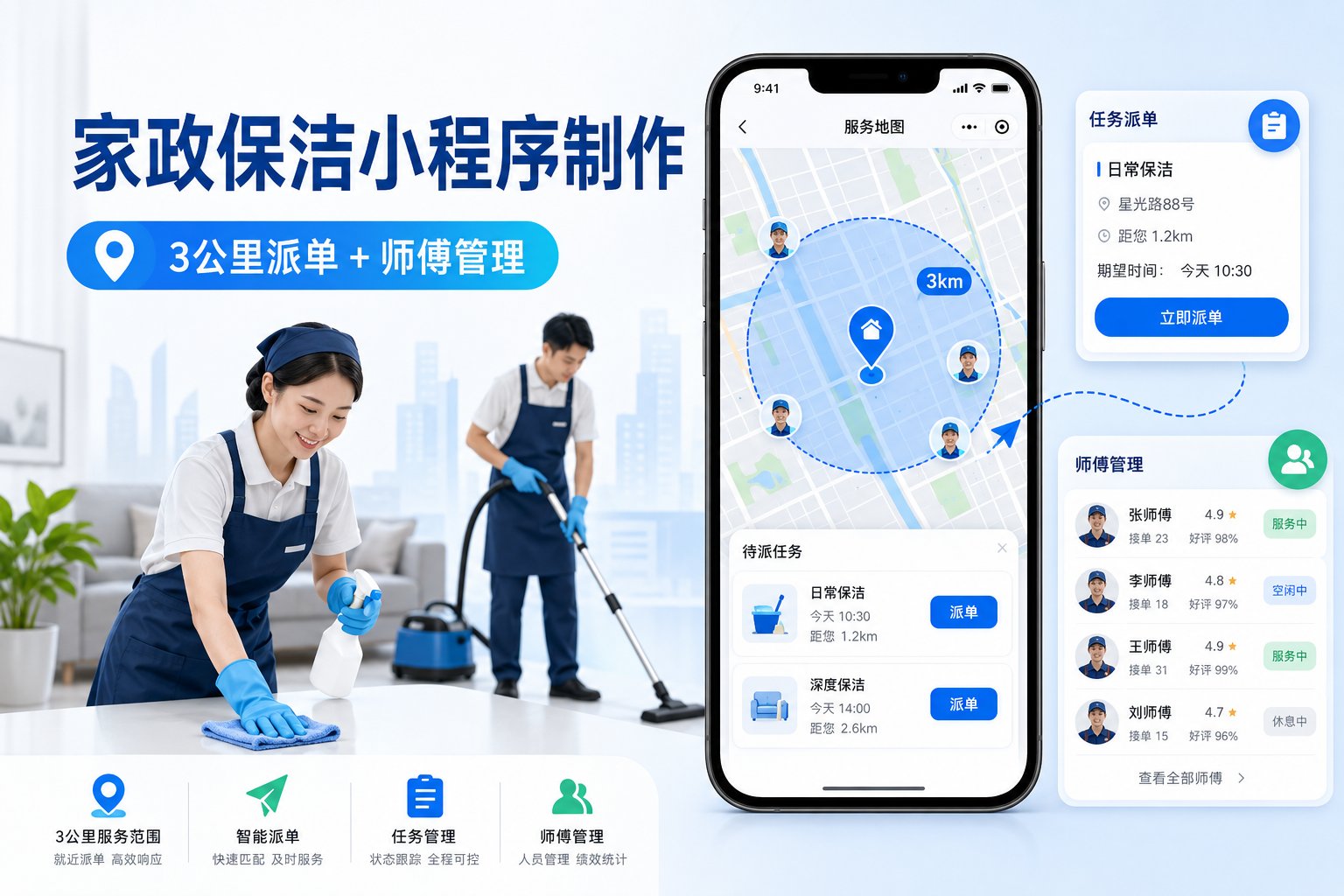 家政保洁小程序制作:3公里派单+师傅管理解决方案