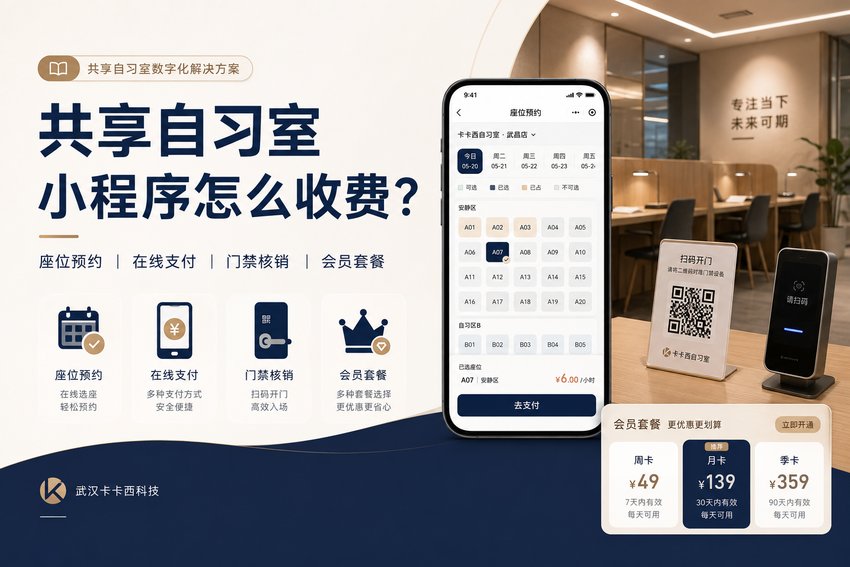 做一个共享自习室小程序,带座位预约、在线支付、门禁核销和会员套餐功能,怎么收费?
