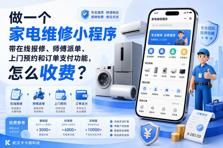 做一个家电维修小程序,带在线报修、师傅派单、上门预约和订单支付功能,怎么收费?